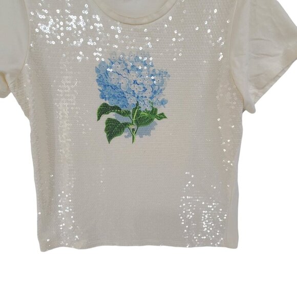 Catalog Favorites Short Sleeve Sequin Top Cream Floral Size L coastal grandma - Picture 2 of 7